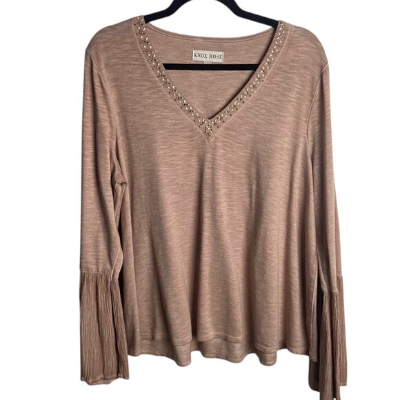 Knox Rose Size Xl Blouse Neutral Pink V Neck Flared Sleeves Studded Hippie Boho - Picture 2 of 8